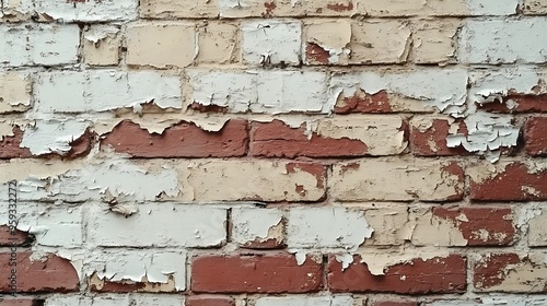 A brick wall with white paint peeling off The wall is red and brown in color The wall has a rough texture and he is old : Generative AI