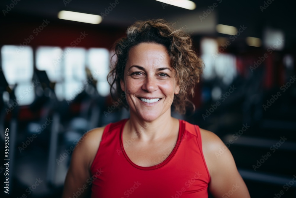Smiling portrait of a middle aged slightly overweight woman in gym Smiling portrait of a middle aged slightly overweight woman in gym