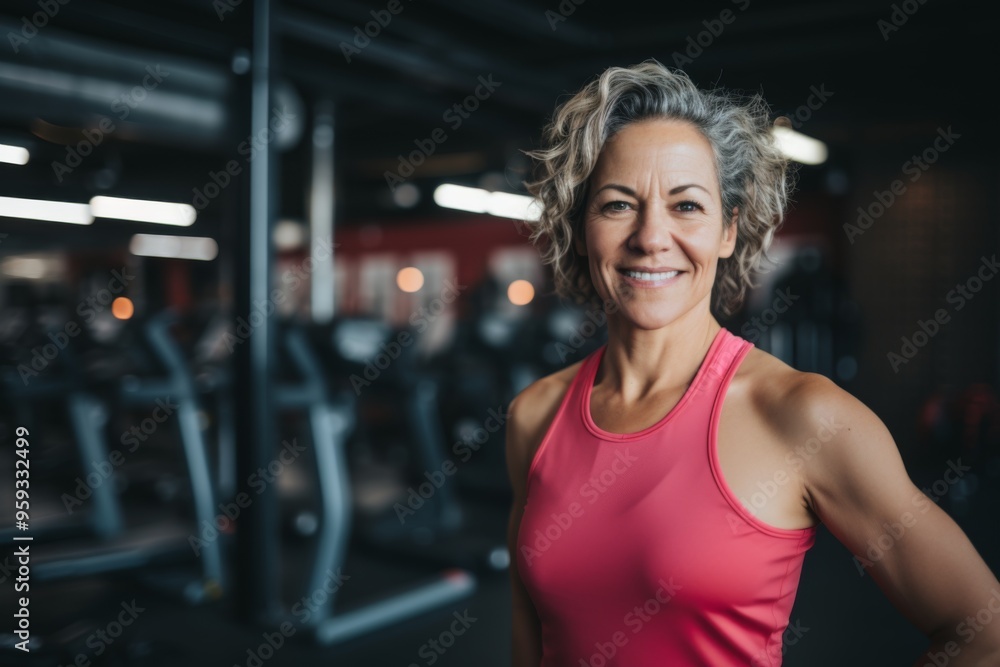 Fototapeta premium Smiling portrait of a middle aged slightly overweight woman in gym