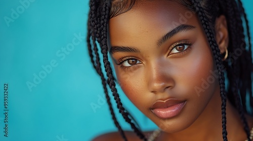 Medium closeup studio portrait of young Black woman with braided hair wearing bralette looking at camera : Generative AI photo