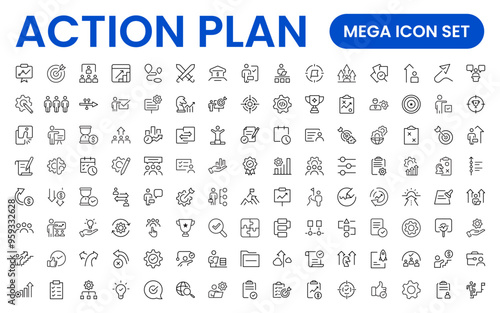 Line icons about action plan. Contains such icons as search strategy, target, scheme, timeline and workflow.Action plan set of web icons in line style. Strategy action planning icons. photo