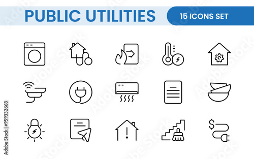 Public utilities linear signed icon collection. Signed thin line icons collection. Set of public utilities simple outline icons.