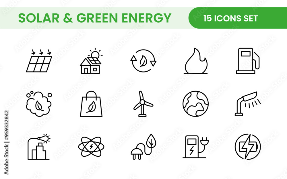 A Modern and Versatile Icon Set for Solar Energy, Renewable Resources, Eco-Friendly Solutions, and Green Technology Initiatives A Modern and Versatile Icon Set for Solar Energy, Renewable Resources, Eco-Friendly Solutions, and Green Technology Initiatives