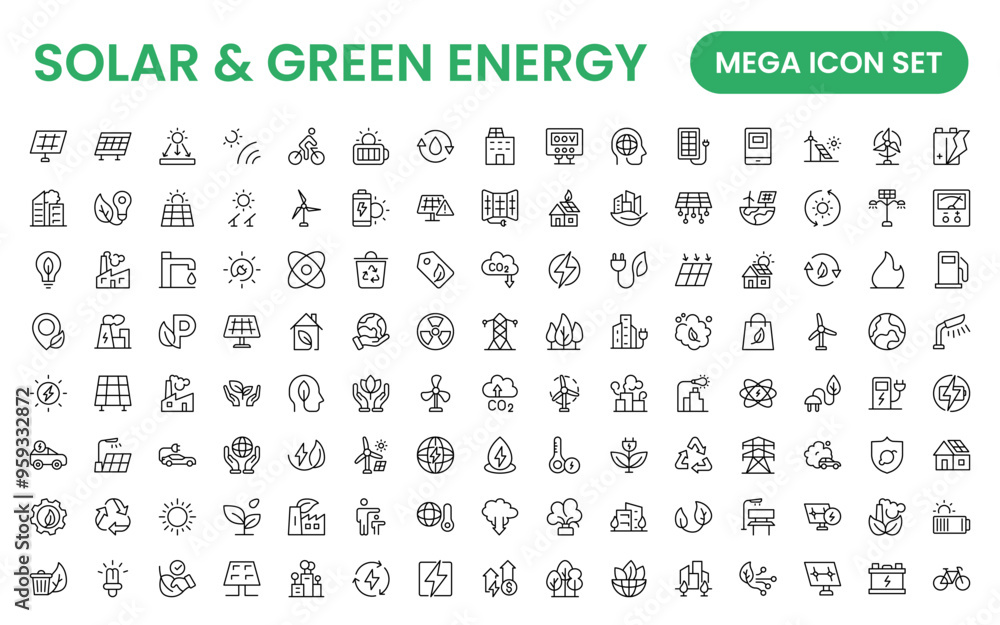 A Modern and Versatile Icon Set for Solar Energy, Renewable Resources, Eco-Friendly Solutions, and Green Technology Initiatives A Modern and Versatile Icon Set for Solar Energy, Renewable Resources, Eco-Friendly Solutions, and Green Technology Initiatives