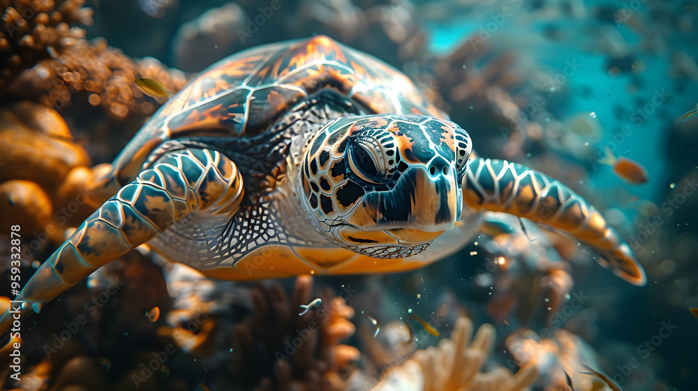 Obraz premium Close-Up of a Sea Turtle Swimming in a Coral Reef - Realistic Image