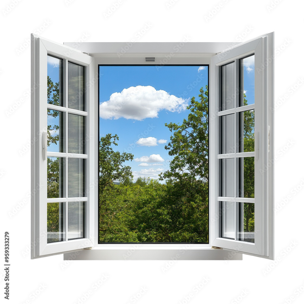 A window with a view of trees and a blue sky on a transparent background. A window with a view of trees and a blue sky on a transparent background.