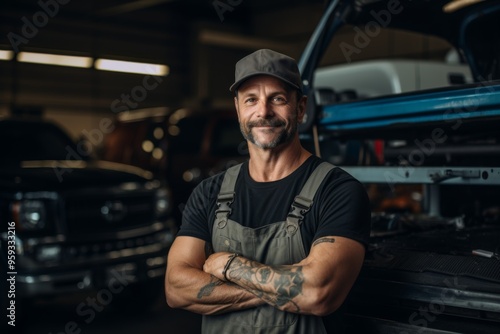 Portrait of a middle aged male car mechanic in workshop