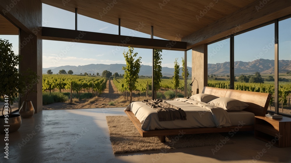 Fototapeta premium Minimalist Modern Bedroom in a Vineyard