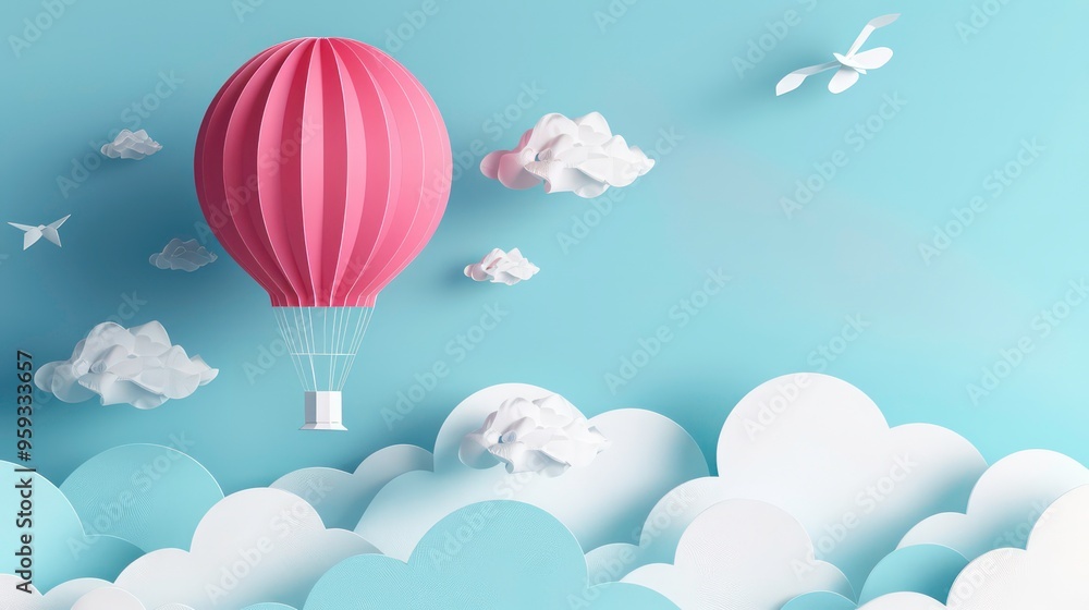 Pink hot air balloon flying above a sky with clouds made of paper. Pink hot air balloon flying above a sky with clouds made of paper.