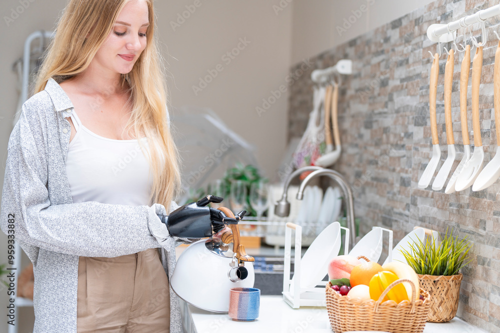 A young woman is using a robotic prosthetic arm hand attached to her body to work on a desk. she is doing computer document and communication work. woman tries to control the smart arm in her home. A young woman is using a robotic prosthetic arm hand attached to her body to work on a desk. she is doing computer document and communication work. woman tries to control the smart arm in her home.