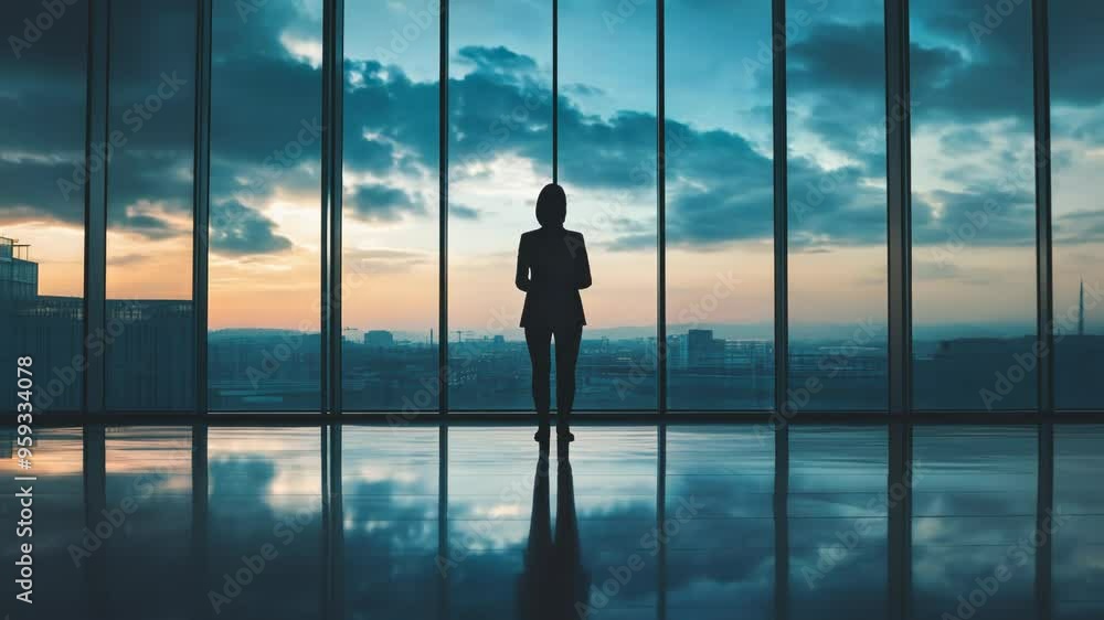 Silhouette of a Person in Modern Office at Sunset Silhouette of a Person in Modern Office at Sunset