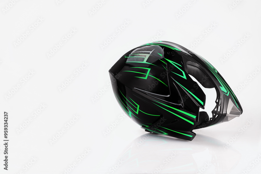 New stylish motorcycle helmet on white background, space for text New stylish motorcycle helmet on white background, space for text