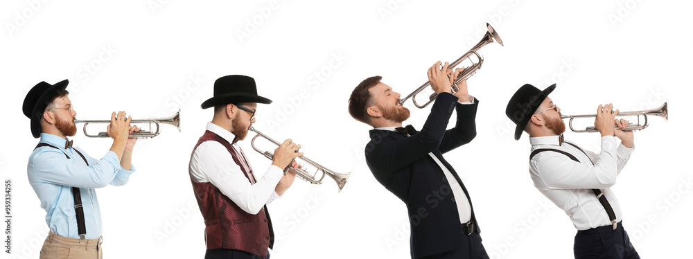 Fototapeta premium Man playing trumpet isolated on white. Collection of photos