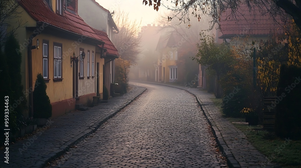 Obraz premium Foggy morning on an empty street in a typical Czech neighborhood with private houses : Generative AI