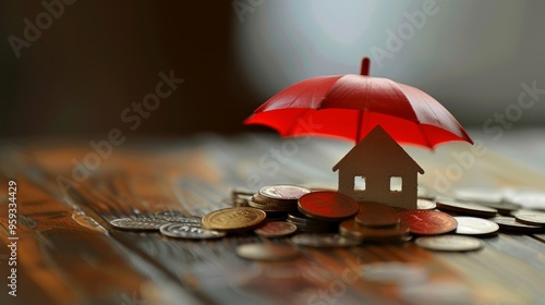 Wallpaper Mural Model of umbrella with house and coins on wooden table concept of the system of insurance savings and the cost of health insurance  Torontodigital.ca
