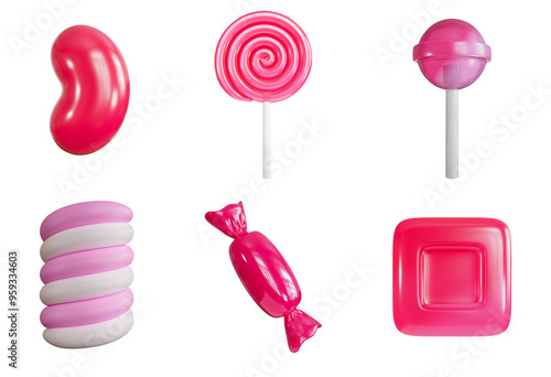 Collection of various candies, lollipops, and marshmallows 3D