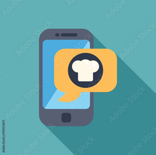 Smartphone is showing a chef hat in a speech bubble, representing the concept of online food ordering and delivery