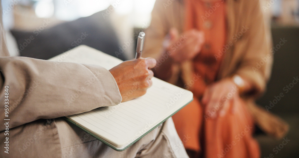 © WesLens/peopleimages.com - Book, counseling and hand of therapist writing notes for client with mental health evaluation. Paper, medical information and psychiatrist with patient for psychology assessment or review in office. © WesLens/peopleimages.com - Book, counseling and hand of therapist writing notes for client with mental health evaluation. Paper, medical information and psychiatrist with patient for psychology assessment or review in office.