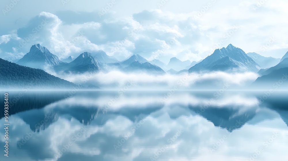 Fototapeta premium Tranquil Horizon Minimalistic Panorama of Clouds Mountains and Lake : Generative AI