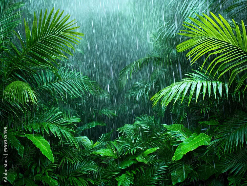 Tropical rain shower over a dense jungle, wet weather, lush and vibrant Tropical rain shower over a dense jungle, wet weather, lush and vibrant