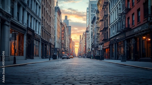 Empty streets and sidewalks of Soho are eerily quiet during the 2020 coronavirus pandemic lockdown in New York City at sunset with no people : Generative AI photo