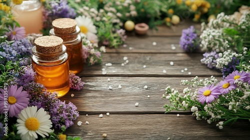 Herbal pure natural cosmetic ingredients on wooden background Mix of holistic flowers and herbs salt massage herbinfused essential oil in glass bottles Aromatherapy fragrance productio : Generative AI photo