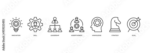 Entrepreneur concept with Banner web illustration of innovation, skill, leadership, assertiveness, knowledge, strategy and goal