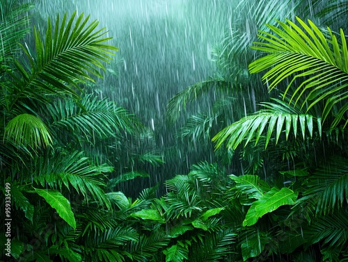 Tropical rain shower over a dense jungle, wet weather, lush and vibrant