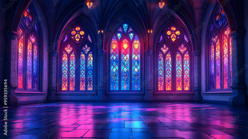 An empty gothic hall with stained glass windows glowing with purple and blue light. An empty gothic hall with stained glass windows glowing with purple and blue light.