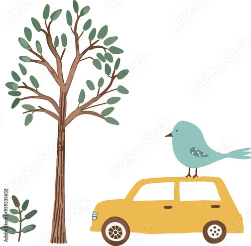 Whimsical Tree, Bird, and Car Illustration