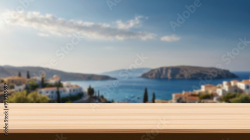 Empty table background, blurred tourism coastline. Traveling banner with copy space