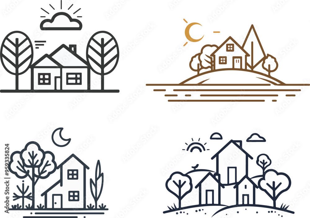Minimalist Line Art of Houses and Landscapes Minimalist Line Art of Houses and Landscapes