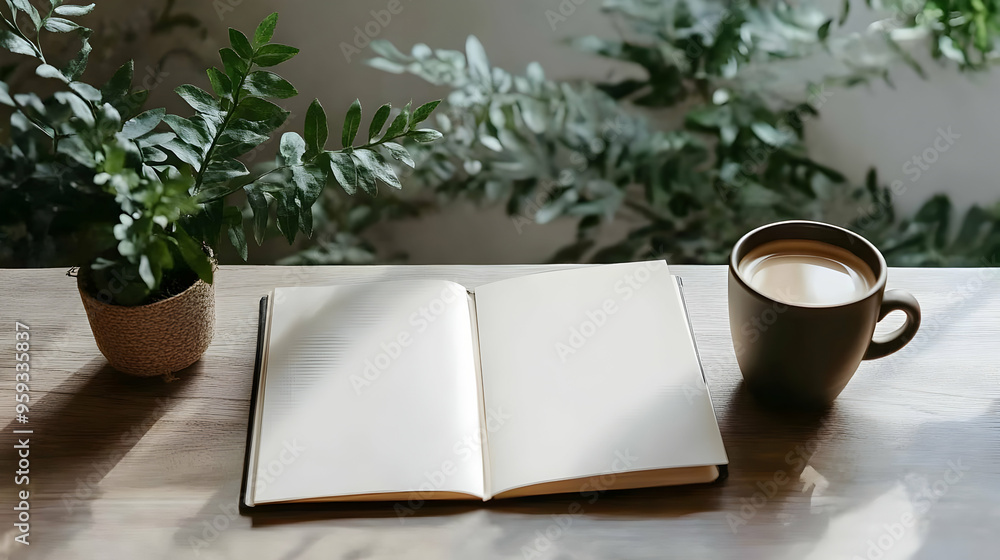 An open notebook, a cup of coffee, and a potted plant on a wooden table, creating a cozy and inviting scene for writing or studying.