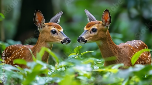 Muntjac deer pair male and female in the nature habitat forest in China Reevess muntjac Muntiacus reevesi in the green grass feeding leaves in the forest nature wildlife : Generative AI photo