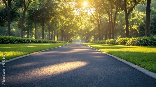 Empty street green city park with blue sky Pathway and beautiful trees track for running or walking and cycling relax in park on green grass field on the side Sunlight and flare backgr : Generative AI