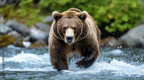 A grizzly bear hunting salmon at Brooks falls Coastal Brown Grizzly Bears fishing at Katmai National Park Alaska Summer season Natural wildlife theme : Generative AI