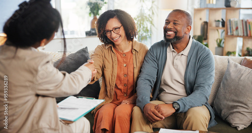 Cuadro en lienzo Financial advisor, handshake and mature couple on sofa for estate planning, asset management or pension