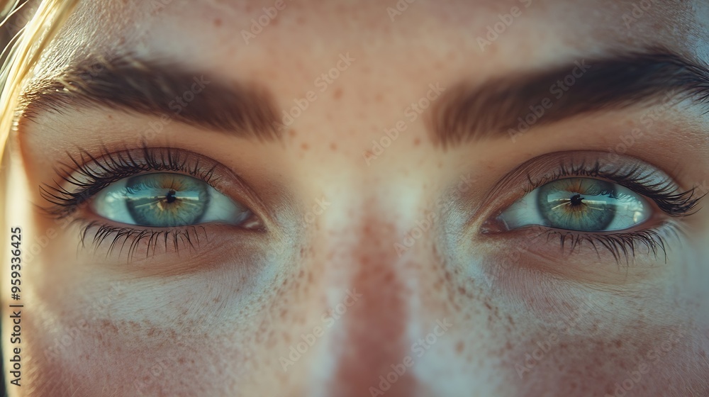 Closeup of a young caucasian womans eyes on a road trip : Generative AI Closeup of a young caucasian womans eyes on a road trip : Generative AI