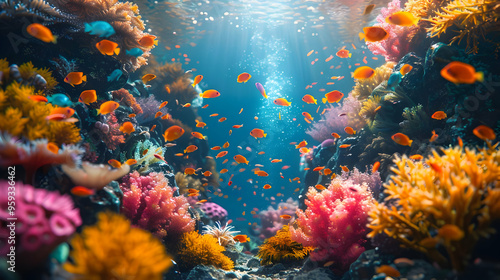 Vibrant Coral Reef Underwater Scene with Colorful Fish - Illustration