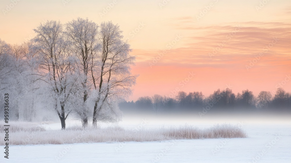 Snowy Morning Landscape with Frosty Trees Snowy Morning Landscape with Frosty Trees