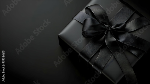 Black gift box with a black ribbon on a black background. photo