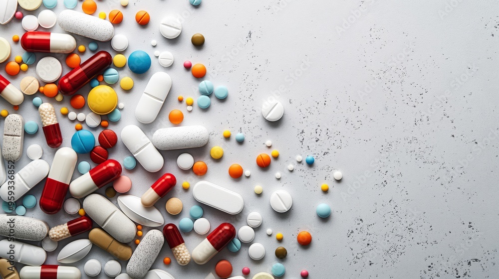 Various medications on white background with space to write something