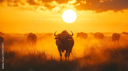 Wildlife silhouetted against a dusty sunrise with the massive m : Generative AI photo