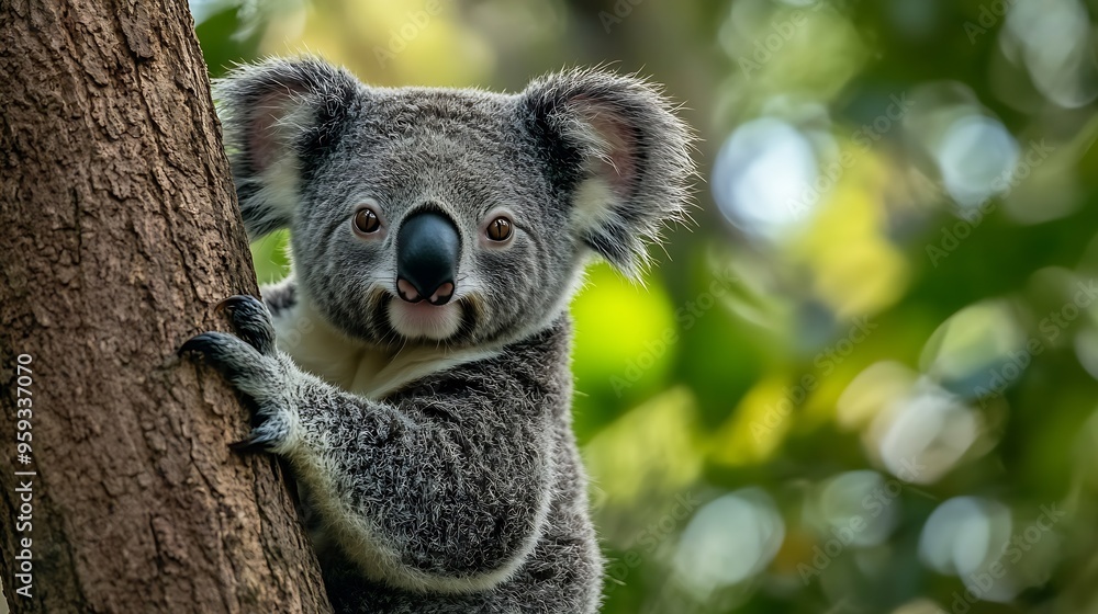 Obraz premium Closeup of a Koala Phascolarctos cinereus sitting on a tree fork looking at camera green foliage in the background Koalas are native Australian marsupials : Generative AI