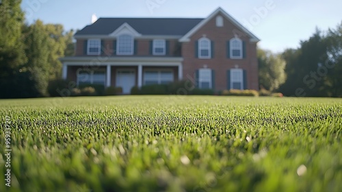 For Sale and Under Contract realtor sign in front of large brick single family house in expansive grass yard for real estate opportunity : Generative AI