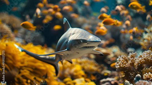 Close-up of a Shark Swimming Through a Coral Reef - Realistic Image photo