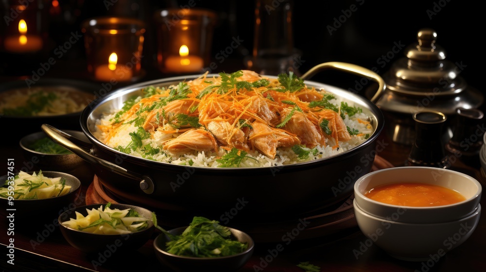 Fototapeta premium high quality photography of Indian biriyani on restaurant background. Indian food concept.