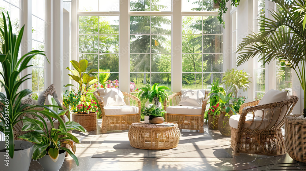 Relaxing Sunroom with Wicker Seating and Garden View Relaxing Sunroom with Wicker Seating and Garden View