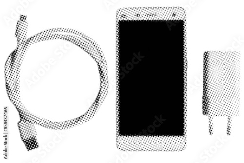 close up of smartphone with cable and charger pixelate black and white color halftone dotted texture style collage element