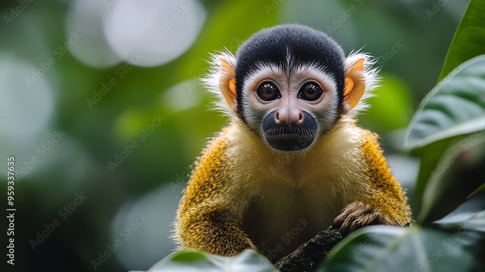 Squirrel monkey Saimiri oerstedii sitting on the tree trunk with green leaves Corcovado NP Costa Rica Monkey in the tropic forest vegetation Wildlife scene from nature Beautiful cute a : Generative AI Squirrel monkey Saimiri oerstedii sitting on the tree trunk with green leaves Corcovado NP Costa Rica Monkey in the tropic forest vegetation Wildlife scene from nature Beautiful cute a : Generative AI